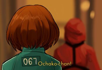 1girl 1other blurry blurry_background boku_no_hero_academia brown_hair facing_away from_behind green_track_suit highres lia_(miauiz) soldier_(squid_game) solo_focus squid_game track_suit uraraka_ochako
