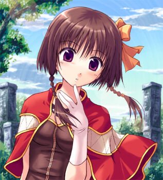 bad_id bad_pixiv_id braid brown_hair cape creator_(ragnarok_online) gloves hair_ribbon purple_eyes ragnarok_online ribbon short_hair solo twin_braids yakka