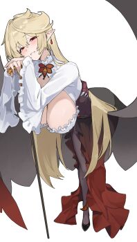1girl bell_orgel blonde_hair blush breasts cane cleavage cleavage_cutout clothing_cutout corset dress earrings hanging_breasts high_heels jewelry large_breasts leaning_forward leaning_on_object long_hair looking_at_viewer monster_girl monster_girl_encyclopedia pantyhose pointy_ears red_eyes sagging_breasts simple_background slit_pupils smile undead vampire vampire_(monster_girl_encyclopedia) very_long_hair white_background wings