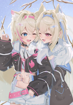 1girl absurdres animal_ear_fluff animal_ears belt blonde_hair blue_eyes blue_hair blue_nails blush bow breasts cleavage collar commentary_request crop_top cropped_shirt dog_ears dog_girl fake_horns frilled_collar frilled_sleeves frills fuwawa_abyssgard fuwawa_abyssgard_(1st_costume) hair_between_eyes hair_ornament hairband hairclip hand_on_another&#039;s_stomach headphones headphones_around_neck heart heart_hands highres hololive hololive_english horn_hairband horns large_breasts long_hair long_sleeves mococo_abyssgard mococo_abyssgard_(1st_costume) one_eye_closed open_mouth parallel_hairclips pink_belt pink_eyes pink_hair pink_nails satoti_chang shirt short_hair siblings sisters small_breasts smile snow solo twins virtual_youtuber white_shirt x_hair_ornament