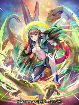 1girl animal_request black_pantyhose breasts brown_eyes brown_hair cleavage copyright_request covered_navel cropped_jacket dinosaur green_jacket hokuyuu jacket leotard long_hair looking_at_viewer navel official_art pantyhose pterosaur sidelocks small_breasts solo triceratops tyrannosaurus_rex white_leotard wixoss yuzuki_(wixoss)