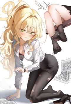 1girl black_bra black_pantyhose black_shoes black_skirt blonde_hair blue_archive blush bra breasts choi2494 cleavage clothes_pull collared_shirt commentary_request feet full_body green_eyes hair_between_eyes high_heels highres long_hair long_sleeves looking_down multiple_views office_lady pantyhose pantyhose_pull parted_lips ponytail professor_niyaniya_(blue_archive) professor_niyaniya_(teacher)_(blue_archive) shirt shoes simple_background skirt small_breasts sweat toes torn_clothes torn_pantyhose underwear unworn_shoes watch white_background white_shirt wristwatch