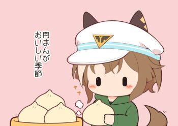 1girl animal_ears blush brown_hair cheval_grand_(umamusume) chibi chibi_only commentary_request ears_through_headwear food gomashio_(goma_feet) green_hoodie hat holding holding_food hood hood_down hoodie horse_ears horse_girl horse_tail long_sleeves multicolored_hair no_mouth pink_background short_hair simple_background solo sparkle steamed_bun tail translation_request two-tone_hair umamusume upper_body white_hair white_hat |_|