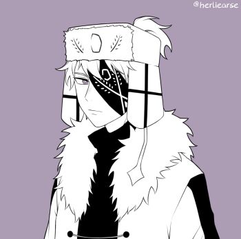 Rule 34 | 1boy, bright pupils, closed mouth, commentary request, eyepatch, friday night funkin', fur-trimmed jacket, fur trim, greyscale with colored background, hat, herliearse, highres, humanization, jacket, male focus, open clothes, open jacket, purple background, purple eyes, ruvyzvat (friday night funkin'), short hair, simple background, solo, spot color, turtleneck, ushanka