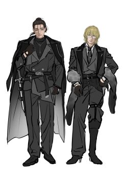 Rule 34 | 2boys, alternate costume, badeni, belt, bespectacled, black belt, black coat, black gloves, black hair, black necktie, black pants, black shoes, blonde hair, blue eyes, brown eyes, chi.: chikyuu no undou ni tsuite, closed mouth, clothing cutout, coat, coat on shoulders, collared shirt, commentary request, contemporary, ear chain, glasses, glove cutout, gloves, grey jacket, highres, holster, jacket, lapels, linked piercing, long hair, long sleeves, looking to the side, male focus, multiple boys, necktie, nomunomuwotaku, notched lapels, oczy, pants, piercing, ponytail, scar, scar on face, scar on mouth, shirt, shoes, side-by-side, sideways glance, simple background, standing, sword, weapon, white background, white shirt, wing collar