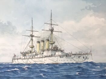 Rule 34 | atelier bono, battleship, blue sky, cannon, casemate, cloud, commentary request, flag, hatsuse (battleship), highres, imperial japanese navy, mast, military, military vehicle, no humans, ocean, original, painting (medium), rising sun flag, ship, ship turret, sky, smoke, smokestack, sunburst, traditional media, vehicle focus, warship, watercolor (medium), watercraft, waves