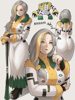 1girl absurdres artist_name ass black_nails blonde_hair breasts cane character_name closed_eyes earclip eyeshadow facial_mark forehead_mark gen_4_pokemon grandma green_eyeshadow grey_eyes grey_hair hand_up high_heels highres jewelry large_breasts legendary_pokemon lipstick long_hair long_sleeves looking_at_viewer makeup mature_female mielthemouse mole mole_under_eye multicolored_hair nintendo old old_woman personification pokemon pokemon_(creature) reference_inset regigigas ring streaked_hair wedding_ring white_background