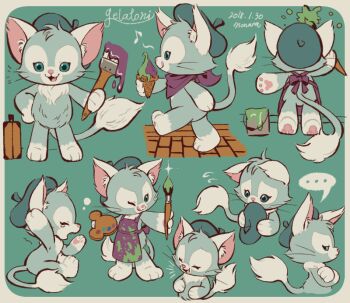 1boy animal_ears beret blue_eyes cat cat_boy cat_ears commentary_request duffy_and_friends food full_body furry gelatoni green_fur hat ice_cream looking_at_viewer multiple_persona no_humans nonana_(galaxycat89p13) paintbrush smile stuffed_animal stuffed_toy tagme