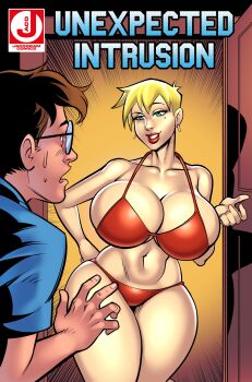 1boy 1girl absurdres artist_logo artist_name bikini blonde_hair blue_shirt breasts brown_hair commentary english_commentary english_text glasses green_eyes highres huge_breasts jacogramc logo looking_at_another lyza_(jacogram) navel original red_bikini shirt short_hair short_sleeves swimsuit