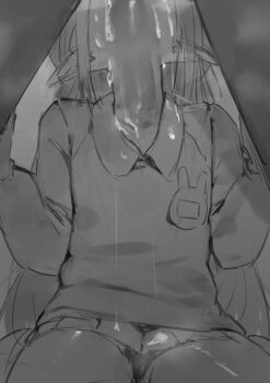 1boy 1girl aged_down between_legs cartethyia_(wuthering_waves) cum cum_on_body cum_on_clothes deepthroat fellatio greyscale highres irrumatio kindergarten_uniform loli long_hair looking_up monochrome oral pointy_ears sitting sketch sword_swallowing_position throat_bulge wariza wuthering_waves xaea_xp