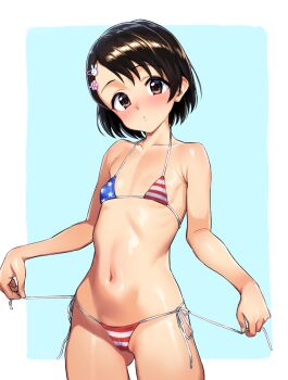 1girl american_flag american_flag_bikini american_flag_print bikini black_eyes black_hair blush breasts flag_print flag_print_bikini hadacra hair_ornament hairclip idolmaster idolmaster_cinderella_girls loli looking_at_viewer navel print_bikini sasaki_chie short_hair side-tie_bikini_bottom small_breasts solo swimsuit untying