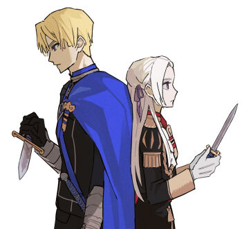 Rule 34 | 1boy, 1girl, behind another, black gloves, blonde hair, blue capelet, blue eyes, capelet, closed mouth, commentary, couple, dagger, dimitri alexandre blaiddyd, edelgard von hresvelg, fire emblem, fire emblem: three houses, from side, garreg mach monastery uniform, gloves, hair between eyes, height difference, highres, holding, holding dagger, holding knife, holding weapon, ikaikakka, knife, leaning on person, long hair, long sleeves, looking down, looking up, mixed-language commentary, nintendo, purple eyes, red capelet, sad, shade, spoilers, standing, upper body, weapon, white background, white gloves, white hair