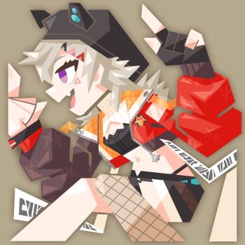 Rule 34 | 1girl, animal hat, aokubii, black gloves, black hat, black shorts, blonde hair, cat hat, commentary request, cropped jacket, facial mark, fang, fingerless gloves, gloves, hair ornament, hairclip, hat, highres, jacket, komori met, komori met (5th costume), monster hunter (series), navel, open clothes, open jacket, open mouth, purple eyes, shorts, solo, virtual youtuber, vspo!