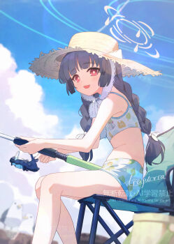 1girl :3 :d animal bare_shoulders bikini bird black_hair black_hat blue_archive blue_sky braid cloud day fish fishing_rod halo hamanashi_(trapiorra) hat highres holding holding_animal holding_fish long_hair looking_at_viewer miyu_(blue_archive) miyu_(swimsuit)_(blue_archive) open_mouth outdoors print_bikini red_eyes ribbon signature sitting sky smile swimsuit twin_braids white_halo white_ribbon