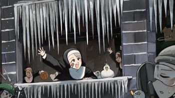 5girls :d ball bandaid bandaid_on_face basketball_(object) bird blonde_hair blue_eyes brown_hair chicken closed_eyes clumsy_nun_(diva) commentary diva_(hyxpk) duck english_commentary froggy_nun_(diva) goggles green_helmet grey_hair helmet highres hungry_nun_(diva) icicle leaf_nun_(diva) little_nuns_(diva) multiple_girls nun open_mouth red_star shovel smile star_(symbol) star_nun_(diva) star_ornament traditional_nun