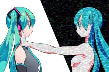1girl aqua_eyes aqua_hair black_background breasts grey_shirt hatsune_miku headphones long_hair multiple_persona nobile1031 profile shirt sleeveless sleeveless_shirt small_breasts static twintails upper_body vocaloid white_background