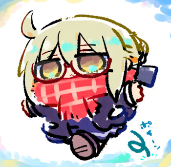 1girl :< artoria_pendragon_(fate) black_jacket blonde_hair blue_skirt braid brown_eyes chibi closed_mouth commentary_request fate/grand_order fate_(series) fringe_trim full_body glasses hair_between_eyes hair_bun jacket kasuga_yuuki long_sleeves mysterious_heroine_x_alter_(fate) red-framed_eyewear red_scarf running scarf semi-rimless_eyewear skirt sleeves_past_wrists solo translation_request under-rim_eyewear