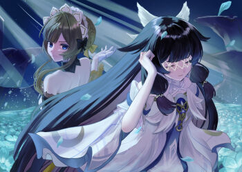 2girls black_hair blue_eyes brown_hair closed_eyes closed_mouth columbina_(genshin_impact) detached_collar dress genshin_impact gloves hair_ribbon head_wings highres long_hair looking_at_another looking_back multiple_girls multiple_wings ribbon sandrone_(genshin_impact) sidelocks strapless strapless_dress very_long_hair wdye4532 white_gloves white_mask white_ribbon wings