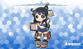 1girl ahoge black_hair blue_sailor_collar blue_skirt bottle bright_pupils can chaki_(teasets) commentary drawing_tablet drink_can energy_drink english_text full_body gloves hair_between_eyes highres holding holding_drawing_tablet honeycomb_(pattern) honeycomb_background kantai_collection long_hair monster_energy red_bull ribbon sailor_collar school_uniform serafuku shoes side_ahoge single_glove single_horizontal_stripe skirt socks stylus stylus_behind_ear sweatdrop towel towel_on_head translated ushio_(kancolle)