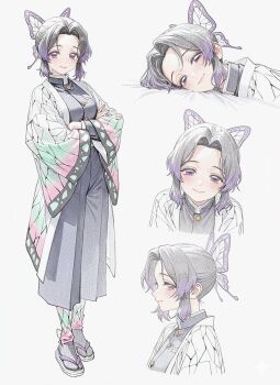 1girl ai-chan_(animelovely930) bed_sheet black_hair black_jacket blush breasts butterfly_hair_ornament closed_mouth crossed_arms demon_slayer_uniform hair_ornament haori jacket japanese_clothes kimetsu_no_yaiba kochou_shinobu long_sleeves looking_at_viewer multicolored_hair profile purple_eyes purple_hair sandals short_hair smile socks standing white_background