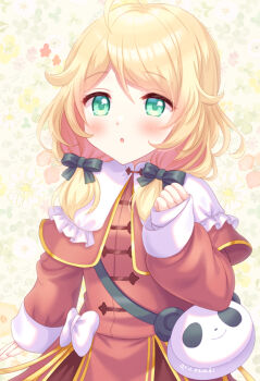 1girl :o ahoge bag black_ribbon blonde_hair blush brown_dress commentary dress floral_background frills green_eyes hair_flaps hair_ribbon hand_up idolmaster idolmaster_cinderella_girls long_sleeves low_twintails panda panda_bag patterned_background ribbon shizuki_aya signature solo twintails white_ribbon yusa_kozue