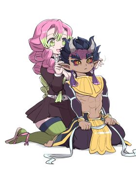 1boy 1girl :d abs armor belt black_hair black_jacket black_pants black_skirt braid breasts closed_mouth colored_sclera dark-skinned_male dark_skin demon_boy demon_slayer_uniform detached_collar forked_eyebrows frown full_body green_eyes green_hair green_thighhighs hair_ornament hair_over_shoulder hands_on_another&#039;s_ears highres holding_ears horns jacket kanroji_mitsuri kimetsu_no_yaiba kneeling long_hair long_sleeves looking_ahead looking_at_another miniskirt mole mole_under_eye multicolored_hair nail_polish navel oni open_mouth pants pink_hair pleated_skirt pointy_ears red_sclera ribbed_thighhighs sash seiza shirt short_hair shrug_(clothing) simple_background sitting skirt skirt_set smile spiked_hair sweatdrop syorororo tassel tassel_hair_ornament text_in_eyes thighhighs toenails toned toned_male two-tone_hair unbuttoned unbuttoned_shirt veins waraji white_background white_shirt yellow_eyes zettai_ryouiki zohakuten_(kimetsu_no_yaiba)