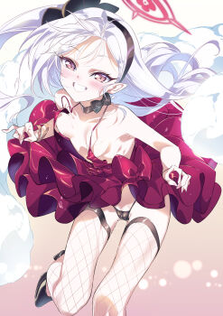 1girl absurdres blue_archive blush breasts covered_clitoris covered_erect_nipples dress fishnet_thighhighs fishnets halo highres loli long_hair looking_at_viewer mutsuki_(blue_archive) mutsuki_(dress)_(blue_archive) niko_(tama) official_alternate_costume pointy_ears purple_eyes red_dress red_halo sleeveless sleeveless_dress small_breasts smile solo thighhighs white_hair
