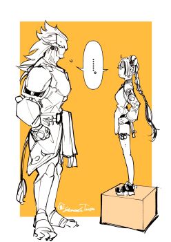 ... 03_kyv 1boy 1girl banyue_(zenless_zone_zero) bare_shoulders black_shoes border braid braided_twintails china_dress chinese_clothes closed_mouth clothed_robot clothes_around_waist commentary detached_sleeves dialyn_(zenless_zone_zero) dress earrings flying_sweatdrops from_side full_body greyscale_with_colored_background hair_extensions hands_on_own_hips highres humanoid_robot jewelry long_hair looking_at_another mechanical_tail monochrome orange_background ring_hair_extensions robot robot_boy shared_speech_bubble shoes speech_bubble spoken_ellipsis standing standing_on_box sweatdrop tail twitter_username white_border white_dress zenless_zone_zero