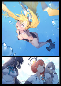 4girls akane_(blue_archive) angry arms_behind_back asphyxiation ass black_hair black_leotard blue_archive breasts bunny_girl_guard_(sr)_(blue_archive) drowning dying grey_hair high_heels highres karin_(blue_archive) large_breasts leotard medium_breasts multiple_girls neru_(blue_archive) orange_hair pantyhose playboy_bunny restrained rou_(rou22) scared torn_clothes torn_pantyhose underwater