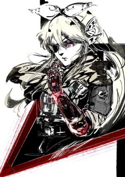 Rule 34 | 1girl, blonde hair, butterfly hair ornament, cosplay, expressionless, eyepatch, from side, grey jacket, hair between eyes, hair ornament, highres, jacket, long hair, mechanical arms, metal gear (series), metal gear solid v: the phantom pain, muted color, nijisanji, nijisanji en, one eye covered, pointy ears, pomu rainpuff, red eyes, scarf, single mechanical arm, solo, upper body, venom snake, venom snake (cosplay), virtual youtuber, yuzuki 168