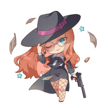 1girl ;) aqua_eyes arm_at_side artist_name black_bow black_bowtie black_footwear black_hat black_jacket black_skirt blue_eyes bow bowtie bullet chibi earrings finger_on_trigger fishnet_pantyhose fishnets full_body glasses gun hand_on_headwear handgun hat hat_bow hat_tip head_tilt holding holding_gun holding_weapon jacket jewelry lipstick long_hair long_sleeves looking_at_viewer makeup missing_poster one_eye_closed orange_hair pantyhose pencil_skirt purple_bow round_eyewear shirt simple_background skirt smile solo spy_x_family standing sylvia_sherwood train_(clothing) very_long_hair walking weapon white_background white_shirt zoe_(killyou80)
