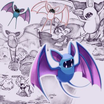 Rule 34 | animal ears, bat (animal), bat ears, blue skin, cave, colored skin, commentary request, diglett, elephant, fangs, floating, flying, gen 1 pokemon, gen 2 pokemon, gen 4 pokemon, highres, koffing, looking up, nintendo, no eyes, open mouth, phanpy, pokemon, pokemon (creature), pokemon mystery dungeon, pokemon mystery dungeon: explorers of time/darkness/sky, purple wings, shinx, shoupitsuki, sketch, skull print, standing, teeth, wings, zubat