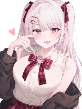 Rule 34 | 1girl, blush, bow, bowtie, breasts, brooch, earclip, grey hair, hair ribbon, hanamiya rica, happy birthday, heart, heart brooch, highres, indie virtual youtuber, jewelry, large breasts, long hair, long sleeves, looking at viewer, off shoulder, red bow, red eyes, rena sakuma, ribbon, shirt, sleeveless, sleeveless shirt, solo, tongue, tongue out, two side up, upper body, virtual youtuber, white shirt