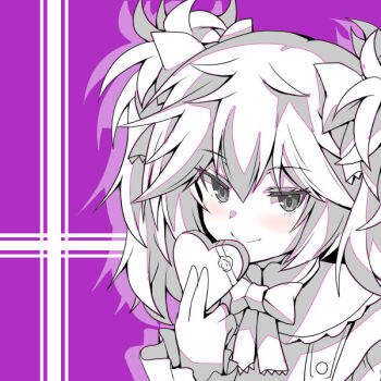 1boy :> alternate_costume alternate_hairstyle androgynous aqua_hair asahi blush character_name greyscale_with_colored_background jacket jacket_on_shoulders lilith-soft long_hair looking_at_viewer monochrome multicolored_hair nozomi_aino official_alternate_costume official_alternate_hairstyle open_clothes open_jacket open_mouth purple_background simple_background smile taimanin_(series) taimanin_rpgx trap twintails two-tone_hair