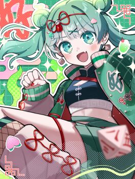 1girl :d absurdres alternate_costume aqua_eyes arm_up black_bustier bustier cherry_print chinese_commentary clenched_hand commentary dice double_bun earrings egasumi fang flower food_print fruit_print green_background green_jacket green_shorts grid_background hair_bun hair_ornament hair_ribbon hao_(vocaloid) hatsune_miku heart highres jacket jewelry leg_warmers long_sleeves looking_at_viewer midriff mishio_(misio_40) open_clothes open_jacket open_mouth polyhedral_dice red_nails red_ribbon revision ribbon shorts smile solo twintails vocaloid water_lily_flower white_leg_warmers white_ribbon x_hair_ornament