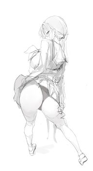 1girl absurdres ass ass_focus bent_over black_panties breasts classroom crop_top crop_top_overhang from_above from_behind from_side full_body greyscale hair_ornament hair_tie high-waist_skirt highres laneigu large_breasts looking_at_viewer looking_back low_twintails mole mole_under_eye monochrome narrowed_eyes neckerchief original panties perspective pleated_skirt sailor_collar school_uniform see-through_clothes see-through_shirt shirt short_sleeves sideboob sketch skirt skirt_flip socks solo twintails underboob underwear white_skirt white_socks yuzu_(laneigu)