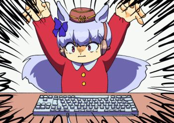 1girl animal_ears animated animated_gif brown_hat commentary_request computer_keyboard dress ear_covers gold_ship_(umamusume) hat horse_ears horse_girl long_hair looping_animation open_mouth pillbox_hat purple_hair red_dress red_eyes solo typing umamusume umamusume:_peace_peace_cepea_cepea_golshi-chan upper_body v-shaped_eyebrows zyusyu