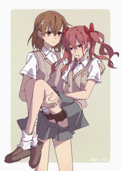 2girls absurdres bandages blood brown_eyes brown_footwear brown_hair carrying female_focus frown full_body grey_skirt hair_ribbon highres holding holding_person huakuiliehuo hurt misaka_mikoto multiple_girls pink_eyes pink_hair princess_carry red_ribbon ribbon sad school_uniform shirai_kuroko shirt shoes short_hair skirt socks thigh_strap toaru_kagaku_no_railgun toaru_majutsu_no_index tokiwadai_school_uniform twintails white_legwear white_shirt yuri