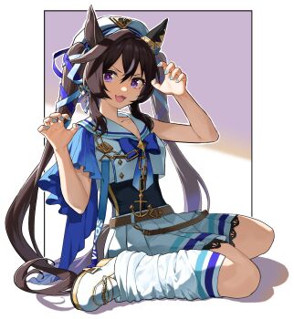 1girl :3 anchor_ornament anchor_print asdf_4532 black_hair blue_bow blue_bowtie blue_cape blue_nails blue_ribbon border bow bowtie cape claw_pose ear_covers fang fingernails hair_between_eyes hair_ribbon hands_up highres long_hair looking_at_viewer loose_socks mole mole_under_eye nail_polish open_mouth outside_border purple_eyes ribbon sailor_collar shirt shoes side_cape simple_background single_ear_cover sitting skirt smile socks solo twintails umamusume v-shaped_eyebrows very_long_hair vivlos_(umamusume) vivlos_(voyage_etincelant)_(umamusume) wariza white_border white_sailor_collar white_shirt white_shoes white_skirt white_socks white_streaks