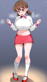1girl absurdres aged_up breasts brown_eyes brown_hair commentary_request doraemon doriane_dojin full_body highres large_breasts long_sleeves low_twintails mary_janes midriff minamoto_shizuka miniskirt partial_commentary red_shoes red_skirt shirt shoes short_twintails skirt socks solo twintails undersized_clothes white_shirt white_socks