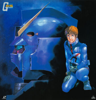Rule 34 | 1970s (style), 1980s (style), 1990s (style), 1998, 1boy, absurdres, amuro ray, blue eyes, boots, brown hair, curly hair, dated, earth federation space forces, gun, gundam, helmet, highres, holding, holding unworn helmet, kneeling, laserdisc cover, logo, looking at viewer, machine gun, machinery, mecha, mecha pilot suit, mobile suit, mobile suit gundam, official art, oldschool, painting (medium), realistic, retro artstyle, robot, rx-78-2 gundam, scan, science fiction, signature, title, traditional media, unworn headwear, unworn helmet, v-fin, weapon, yasuhiko yoshikazu