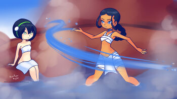 2girls avatar:_the_last_airbender avatar_legends bikini black_hair blue_eyes braid breasts choker collarbone dark_skin drantyno female_focus green_eyes hair_ornament hairband highres hydrokinesis katara loli long_hair multiple_girls navel nickelodeon onsen open_mouth parted_lips rock short_hair sitting skirt sky small_breasts standing steam swimsuit teeth toph_beifong water waterbending white_bikini white_skirt