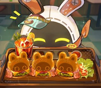 ^_^ bacon bangboo_(zenless_zone_zero) blurry blurry_background burger closed_eyes commentary_request cup eous_(zenless_zone_zero) food food_focus fruit hat holding holding_tray ice ice_cube lemon lemon_slice lettuce no_humans notice_lines run_(yukatokabe) solo sparkle tomato tomato_slice tray visor_cap zenless_zone_zero