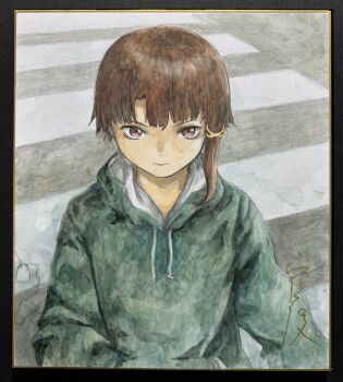 1girl abe_yoshitoshi brown_eyes brown_hair commentary_request crosswalk expressionless highres hood hoodie iwakura_lain looking_at_viewer painting_(medium) serial_experiments_lain shikishi short_hair solo traditional_media upper_body watercolor_(medium)