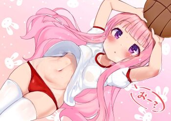 1girl arms_up ball basketball basketball_(object) blush buruma clothes_lift female_focus groin gym_uniform hakamada_hinata holding holding_ball loli long_hair navel p_answer pink_eyes pink_hair playing_sports red_buruma rou-kyuu-bu! shirt shirt_lift short_sleeves solo thighhighs thighs very_long_hair white_shirt white_thighhighs wind wind_lift