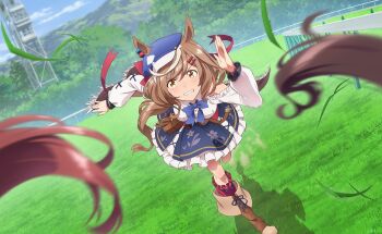 1girl animal_ears anime_coloring artist_request bare_shoulders belt belt_bag black_bow blue_bow blue_bowtie blue_hat blue_skirt blue_sky blush boots bow bow_legwear bowtie brown_bag brown_belt brown_boots brown_cape brown_eyes brown_hair cape circle_skirt clenched_teeth clothing_cutout cloud collared_shirt cross-laced_clothes cross-laced_skirt day determined dust ear_ornament ears_through_headwear eyelashes floating_clothes floating_hair floral_print frilled_skirt frilled_socks frills fringe_trim furrowed_brow game_cg grass hair_bobbles hair_bow hair_ornament hairclip hat horse_ears horse_girl horse_tail kneehighs knees lace-up_boots layered_skirt leaning_forward long_hair long_sleeves looking_ahead matikanetannhauser_(panpaka_tiltott)_(umamusume) matikanetannhauser_(umamusume) miniskirt motion_blur mountain multicolored_hair newsboy_cap official_art outdoors parallel_hairclips print_skirt puffy_long_sleeves puffy_sleeves racing red_bow red_ribbon red_sash red_socks ribbon running sash shadow shirt shoulder_cutout sidelocks skirt sky socks solo_focus streaked_hair sweat swept_bangs tail tareme teeth track_and_field tree umamusume very_long_hair waist_sash wavy_hair white_shirt white_skirt