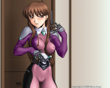 1990s_(style) 1999 1girl 2000 asagi_akira blush bodysuit breasts brown_eyes brown_hair cameltoe covered_erect_nipples dual!_parallel_trouble_adventure female_focus groin impossible_clothes impossible_shirt long_hair medium_breasts nipples purple_bodysuit retro_artstyle sanada_mitsuki shirt signature skin_tight solo