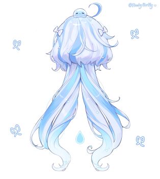 Rule 34 | 1girl, ahoge, blue hair, bow, commentary, creature on head, cropped shoulders, english commentary, floofyfloffy, from behind, furina (genshin impact), genshin impact, hair bow, hair focus, hair ornament, heart, heart hair ornament, highres, loose hair strand, low twintails, multicolored hair, ribbon, simple background, slime (creature), solo, streaked hair, twintails, twitter username, two-tone hair, wavy hair, white background, white bow, white hair