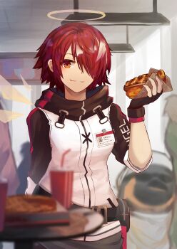1girl absurdres apple_pie arknights black_gloves closed_mouth commentary_request detached_wings emperor_(arknights) exusiai_(arknights) fingerless_gloves food gloves hair_over_one_eye halo highres holding holding_food jacket looking_at_viewer pie pie_slice red_hair restaurant sasa_kurumi short_hair solo_focus traditional_halo white_jacket wings