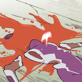 ayanami_rei ayanami_rei_(cosplay) bodysuit breasts chibi cosplay death disintegration evangelion:_3.0+1.0_thrice_upon_a_time igawa_asagi igawa_asagi_(clone) interface_headset_(evangelion) lcl neon_genesis_evangelion outdoors parody pun purple_bodysuit rebuild_of_evangelion solo taimanin_(series) taimanin_asagi taimanun trait_connection wide_hips